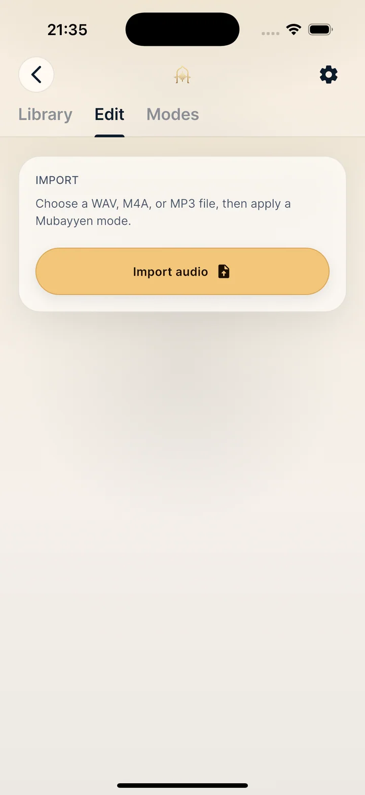 Edit screen with audio import, Taraweeh mode and advanced settings.