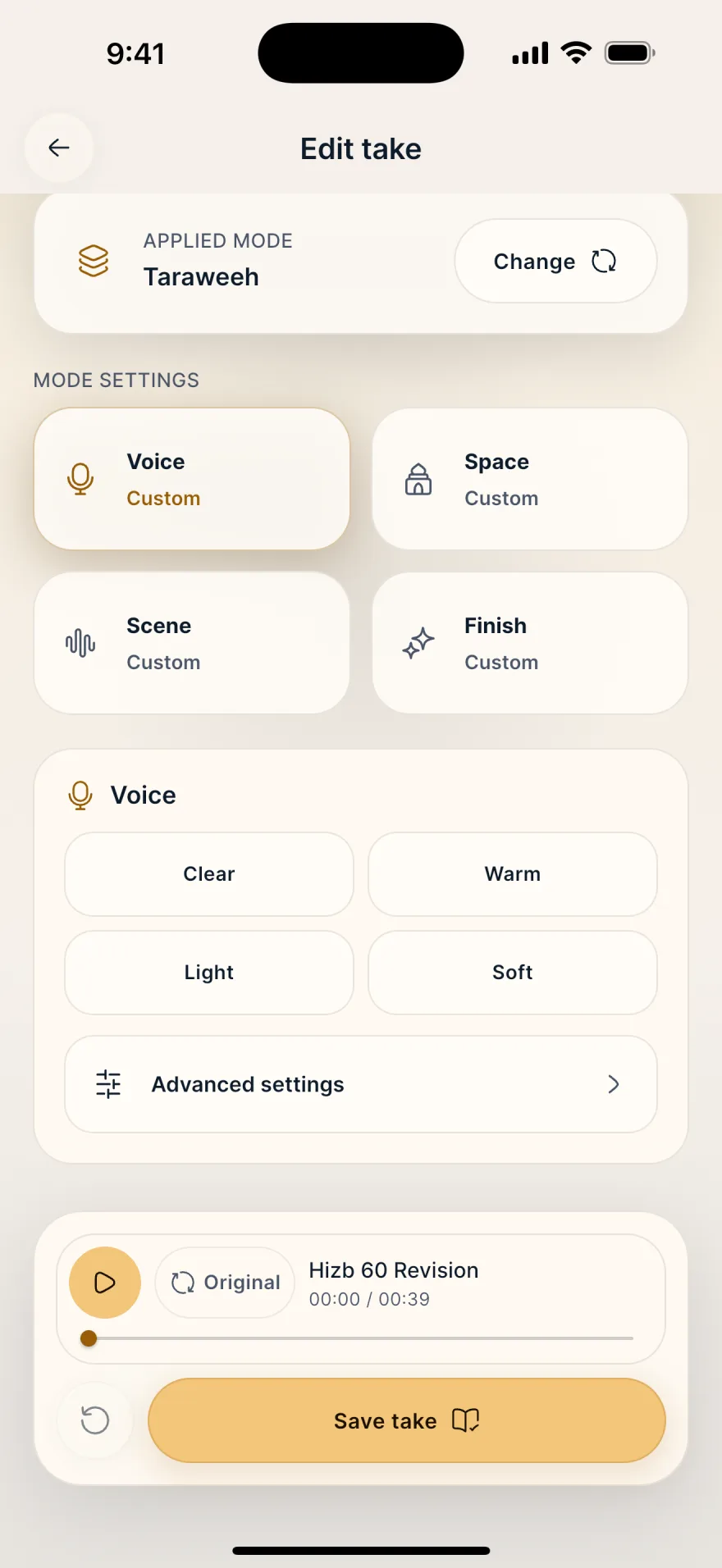Guided Taraweeh settings on iPhone with Space selected and quick choices visible.