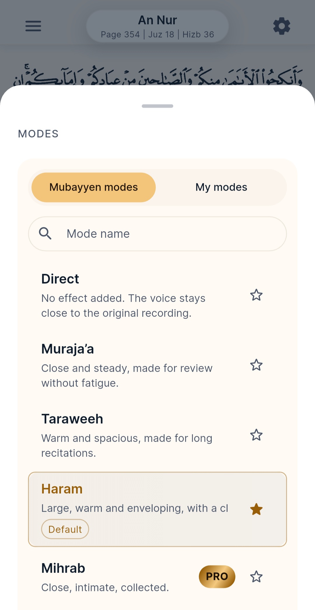Mubayyen Modes picker opened over the Mushaf.