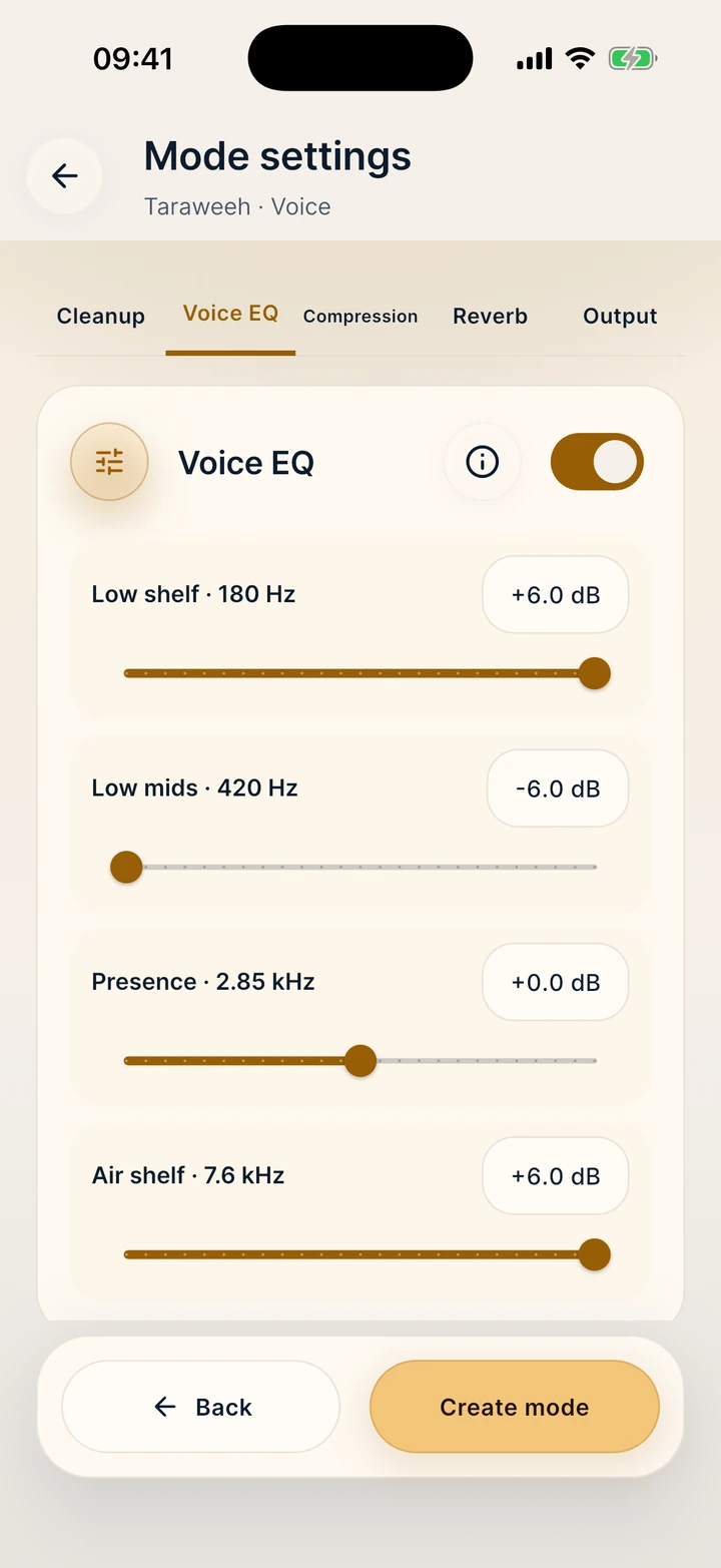 Advanced settings for the Taraweeh Mode in Mubayyen.