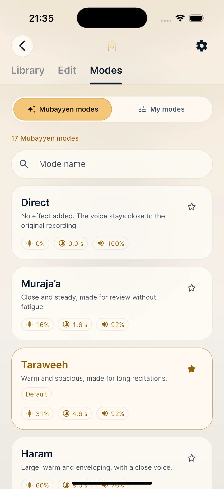 Mubayyen Modes catalog inside the app.
