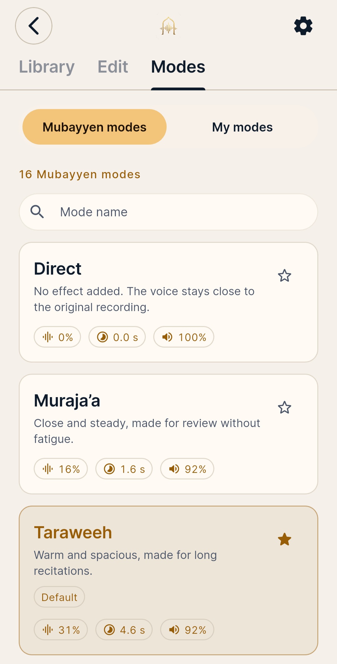 List of the 16 Mubayyen Modes with Direct, Muraja’a and Taraweeh.