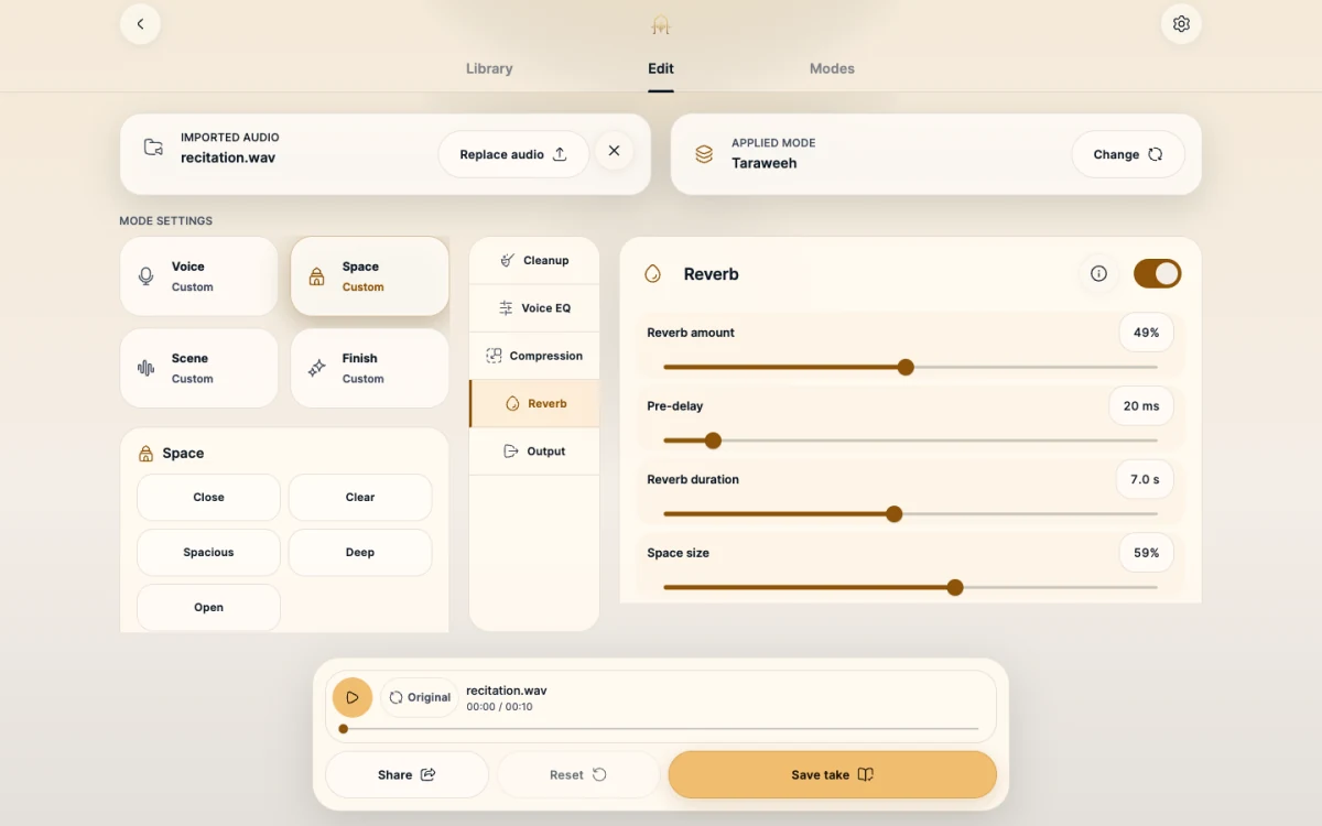 Mubayyen on macOS showing Mode settings with Space and Reverb selected.
